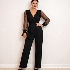 ChicMe Black Sparkle Pant Sheer Sleeve Jumper Glam Evening Party Women's Size M